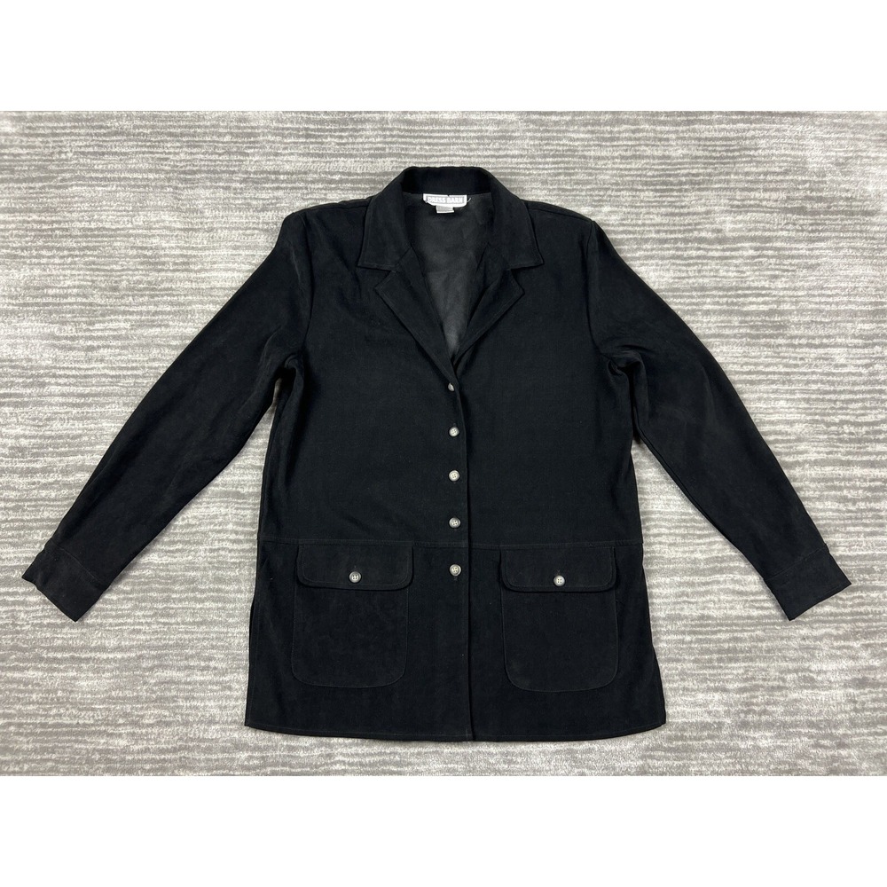 Dress Barn Jacket Womens 12 Black Faux Suede Button Front Utility Notched Lapel
